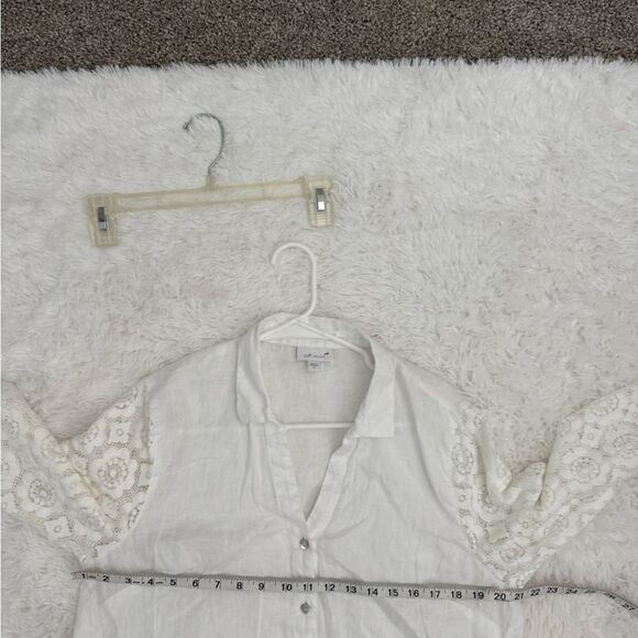 J. Jill White Linen Button Front Lace Sleeves Drawstring Waist Blouse Size M - Picture 9 of 11
